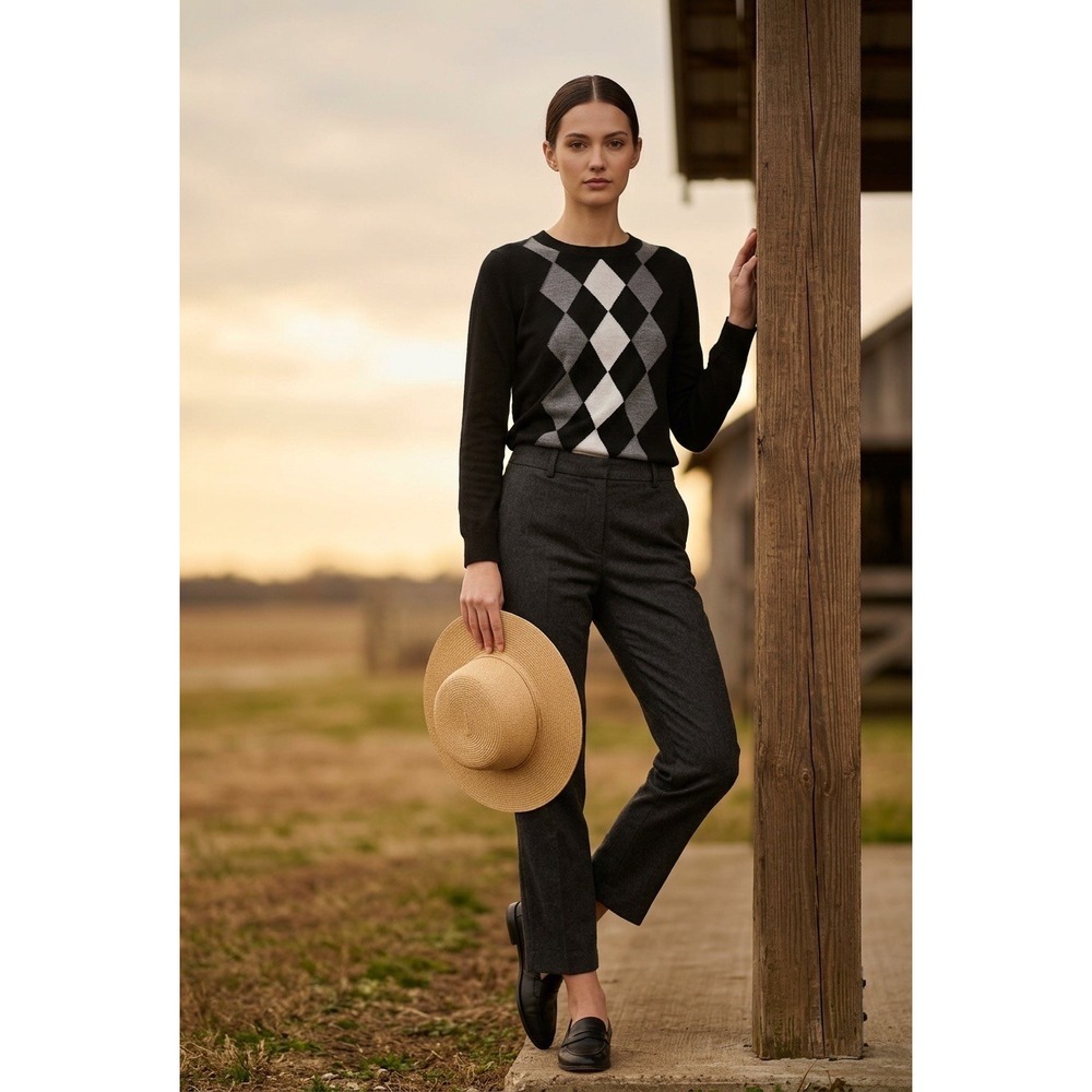 J. Crew Tippi Sweater Womens Small Black Grey Argyle 100% Merino Wool Small